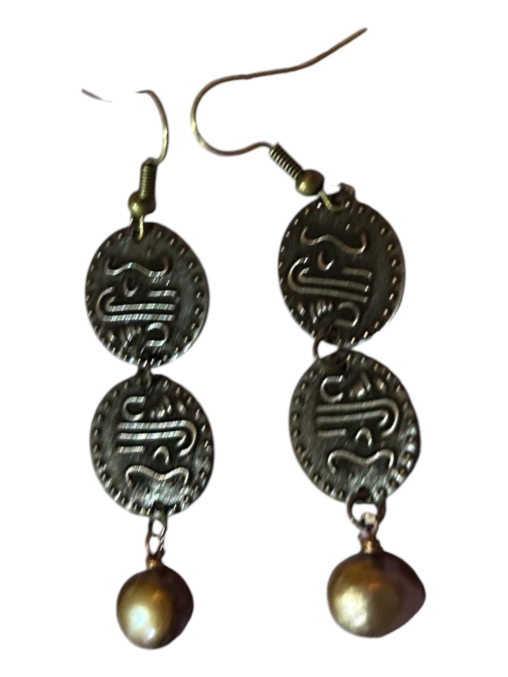 Artisan Embossed Bronze Medallion Multi Tier Baroque Espresso Pearl Drop Earring